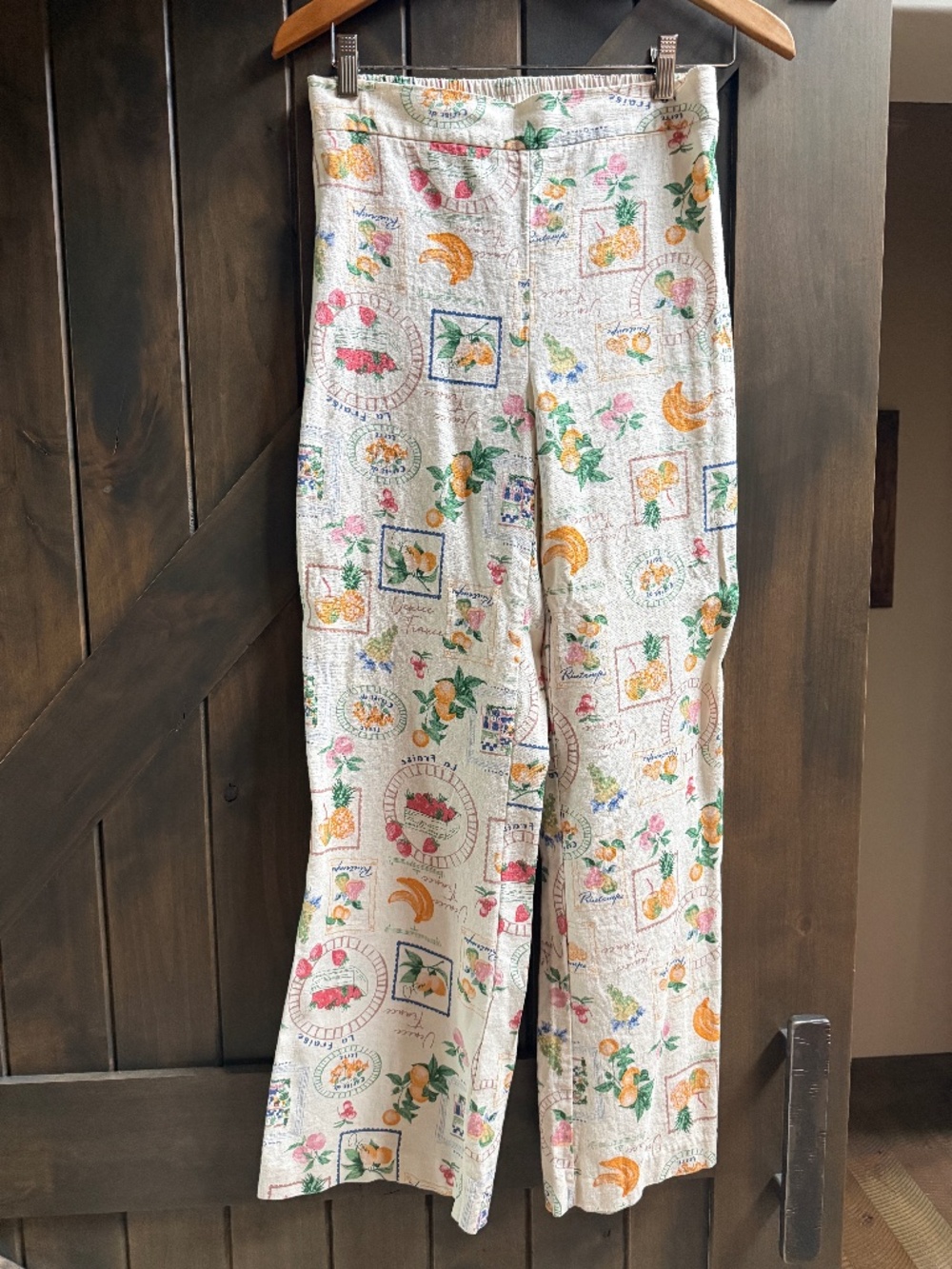 NEW Rachel Zoe Wide Leg Linen Blend Fruit Postcard Print Pants women's Size S